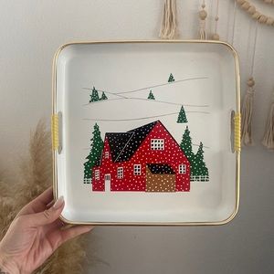 Vintage Christmas tray snowy holiday scene barn red gold white green decor